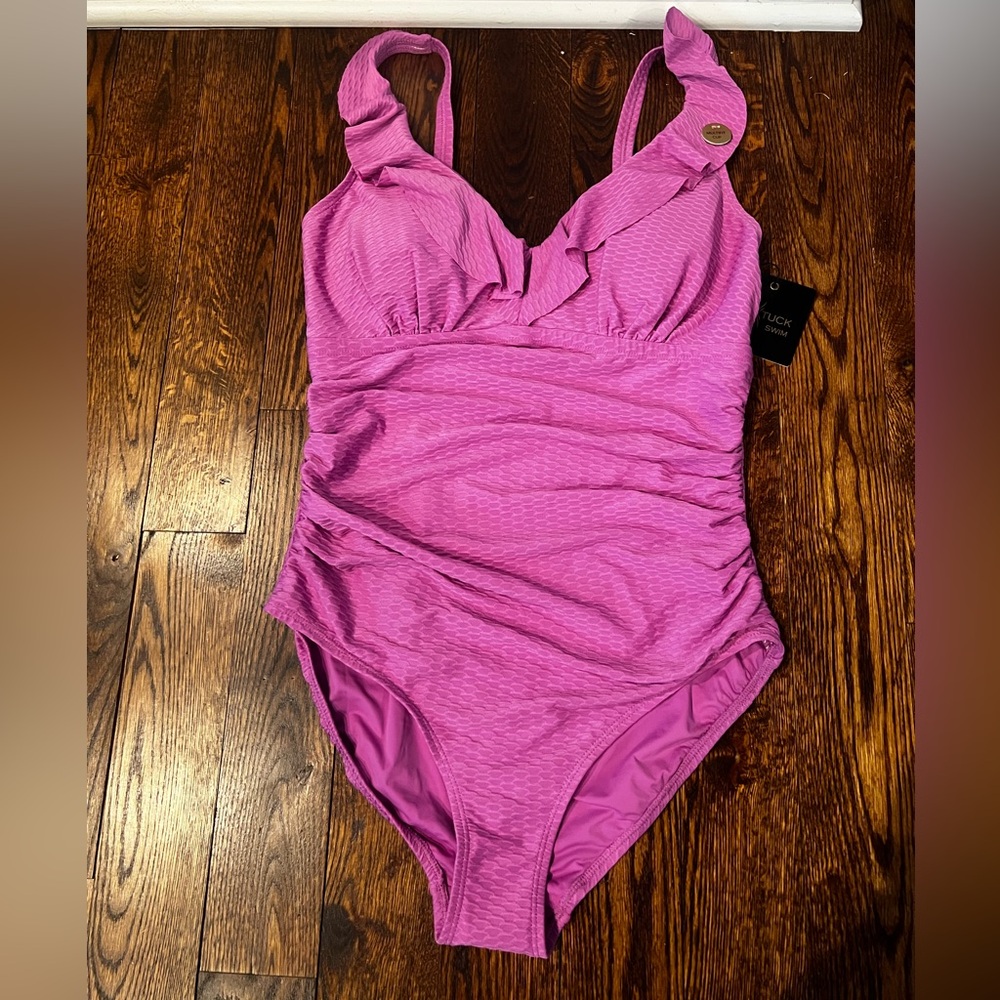 Purple One-Piece Swimsuit with Ruched V-Neckline size 10